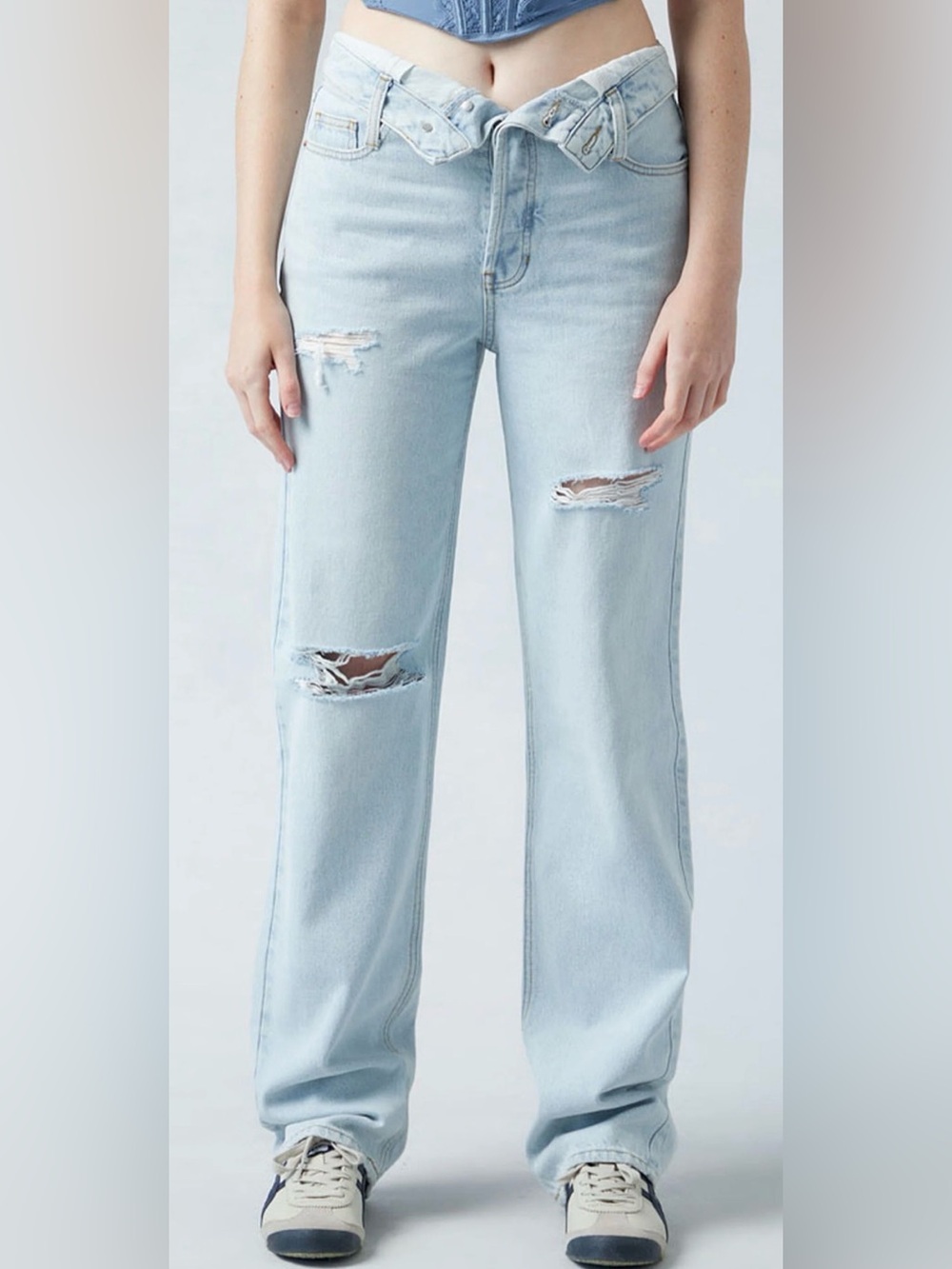 Pacsun Eco Light Indigo Fold-Over Ripped '90s Boyfriend Jeans-Size 28